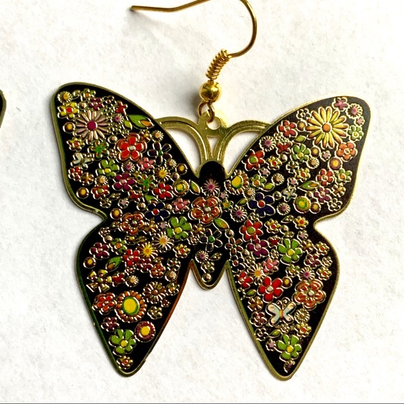 Golden Butterfly Etched Multicolor Drop Earrings - Picture 2 of 6